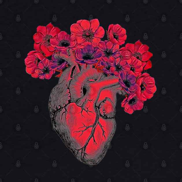 human heart color red with crow flowers blood red by Collagedream